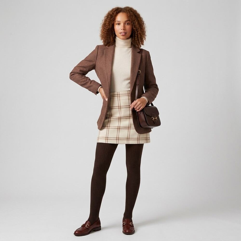 J.Crew Wool Mini Skirt Size 6 Cream Brown Plaid Windowpane Preppy Chic Academia